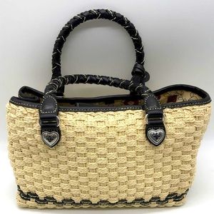 Brighten Woven Straw Bag,Black Leather Trim, handles,serial tag snap closure